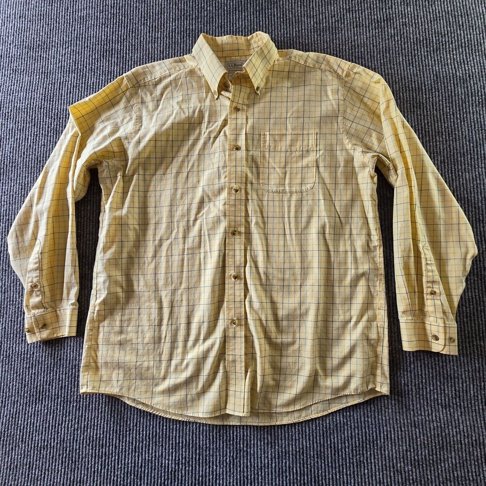 LL Bean Men’s Size L Traditional Fit Button Down Shirt Yellow Check Cotton